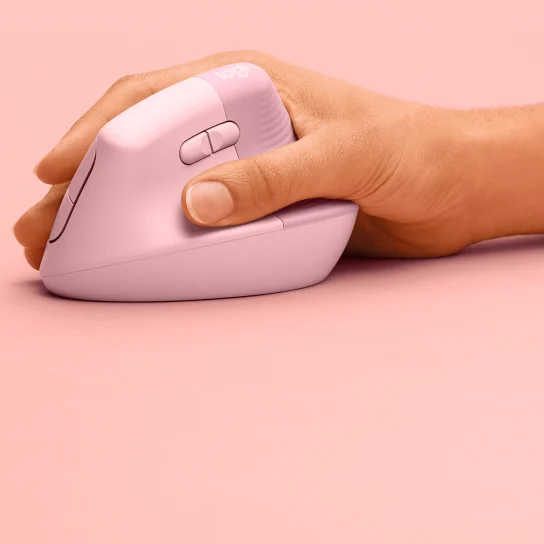 Logitech Lift Vertical Ergonomic Mouse Pink with real hand holding